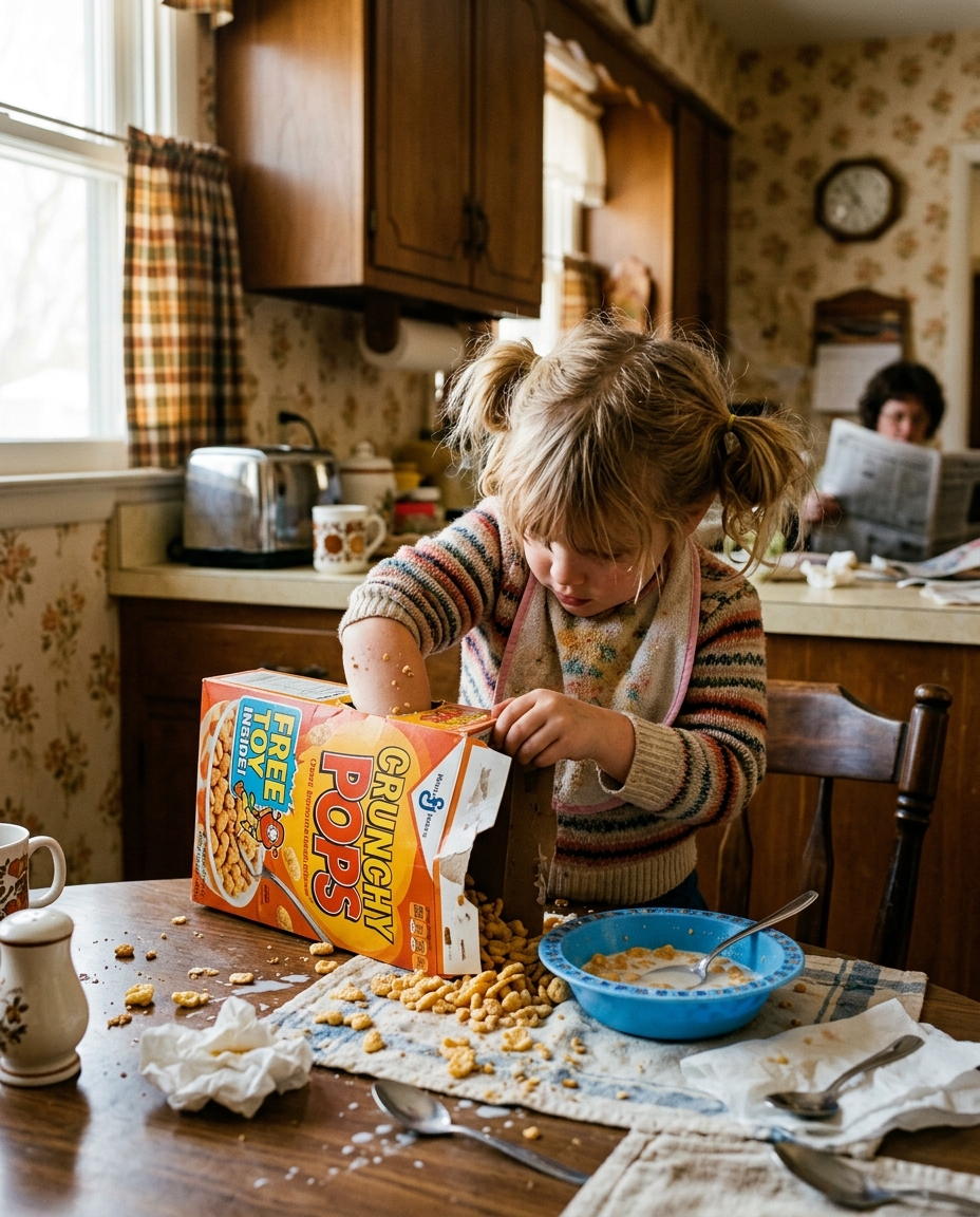 A child reaching deep into a cereal box to find a plastic prize