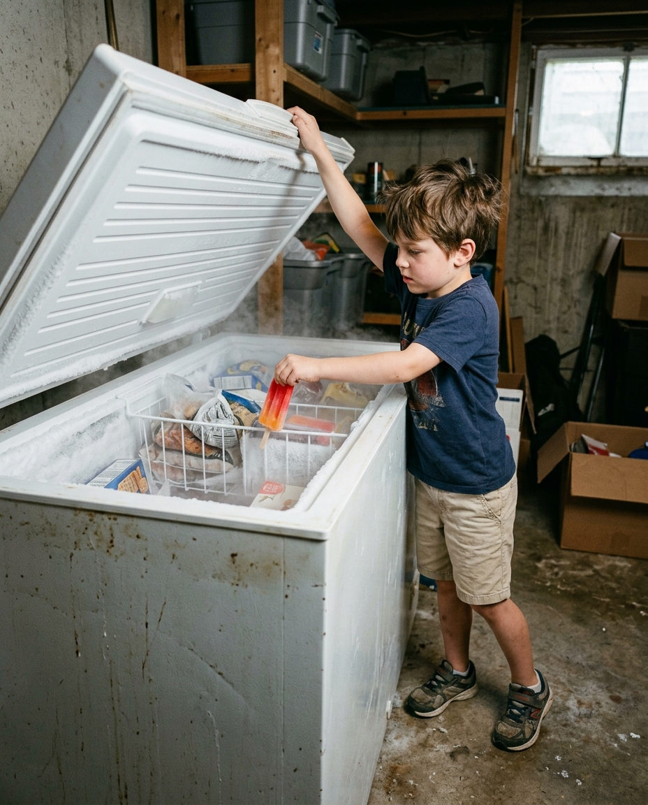 A kid opening a chest freezer with cold fog rising