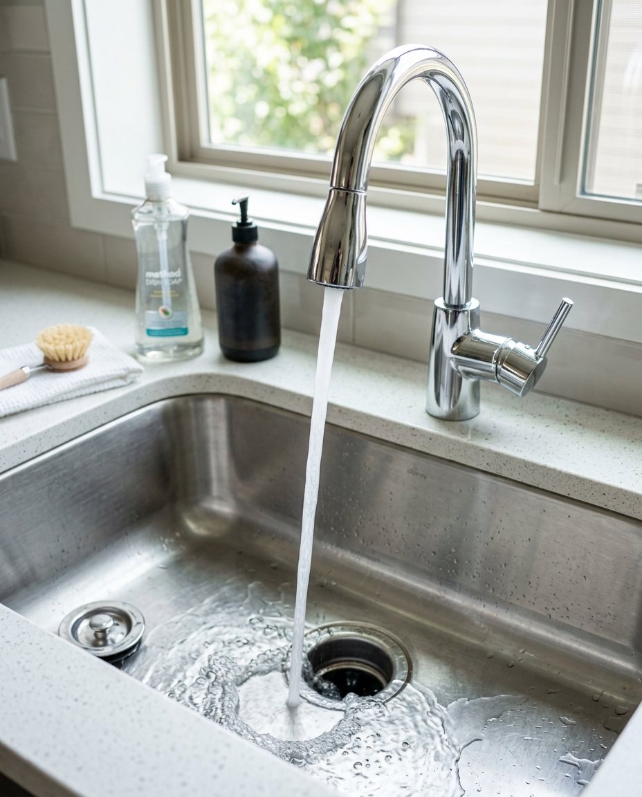 Kitchen sink with a clean faucet and strong clear water stream running