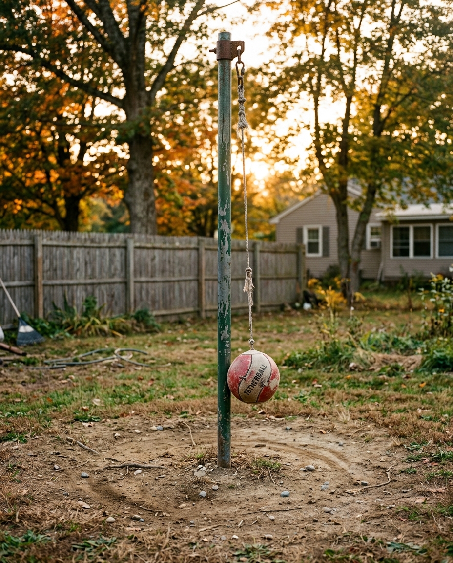 Metal tetherball pole with ball hanging from rope in backyard