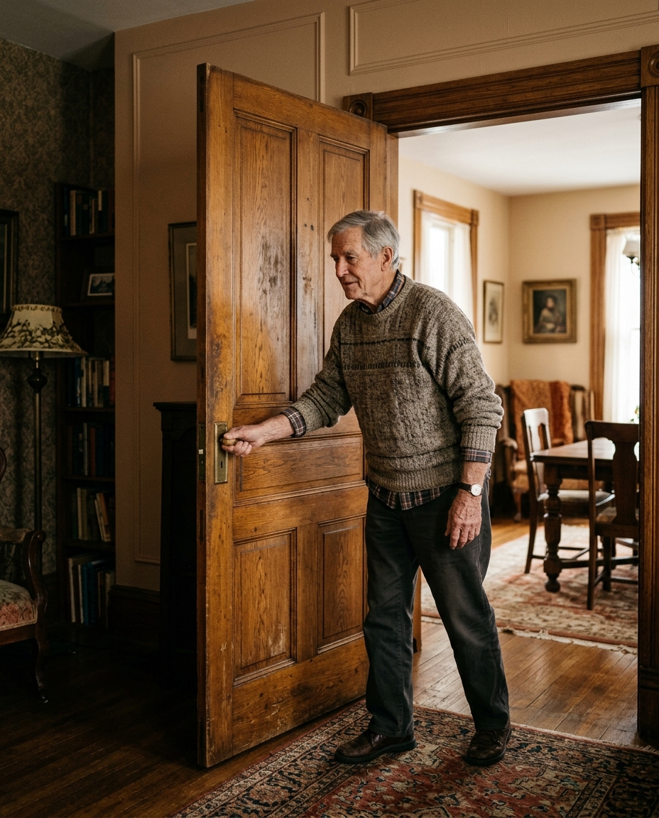 Older man sliding a heavy wooden pocket door open between two rooms