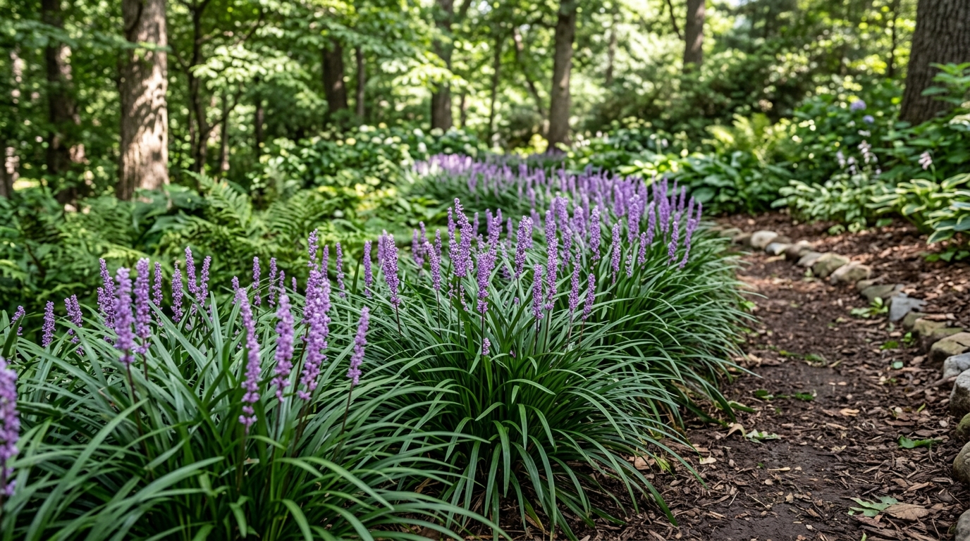 Liriope forming grassy clumps with purple flower spikes along a shaded border edge