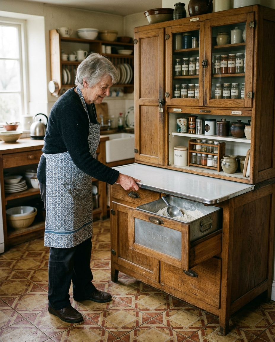 Older woman pulling out the enamel work surface of a Hoosier cabinet