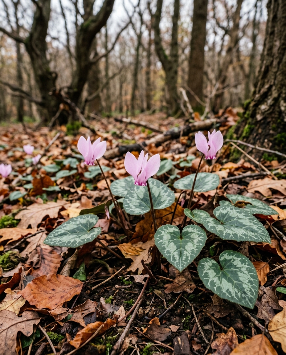 Hardy cyclamen with pink swept-back flowers and silver-marbled leaves under bare autumn trees