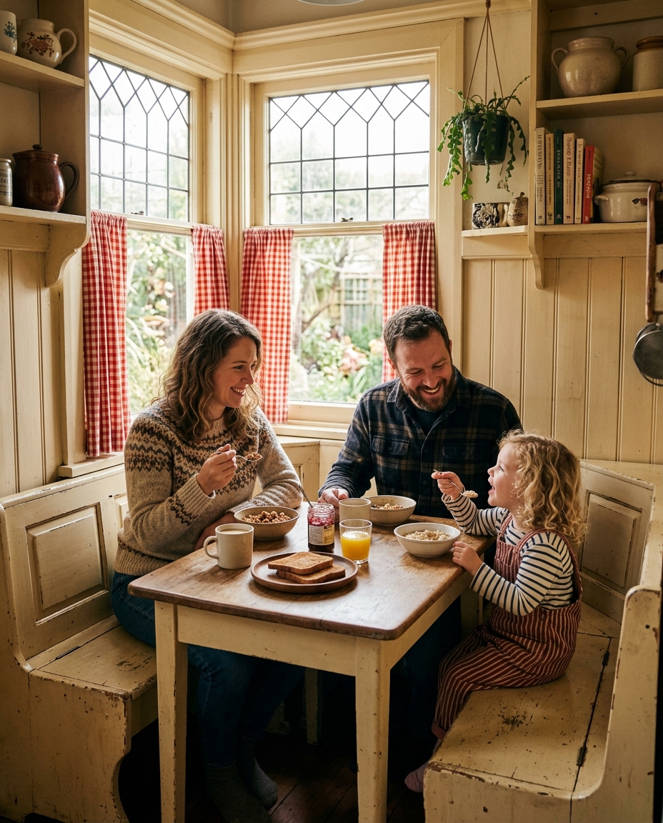 Family sitting in a vintage built-in kitchen breakfast nook