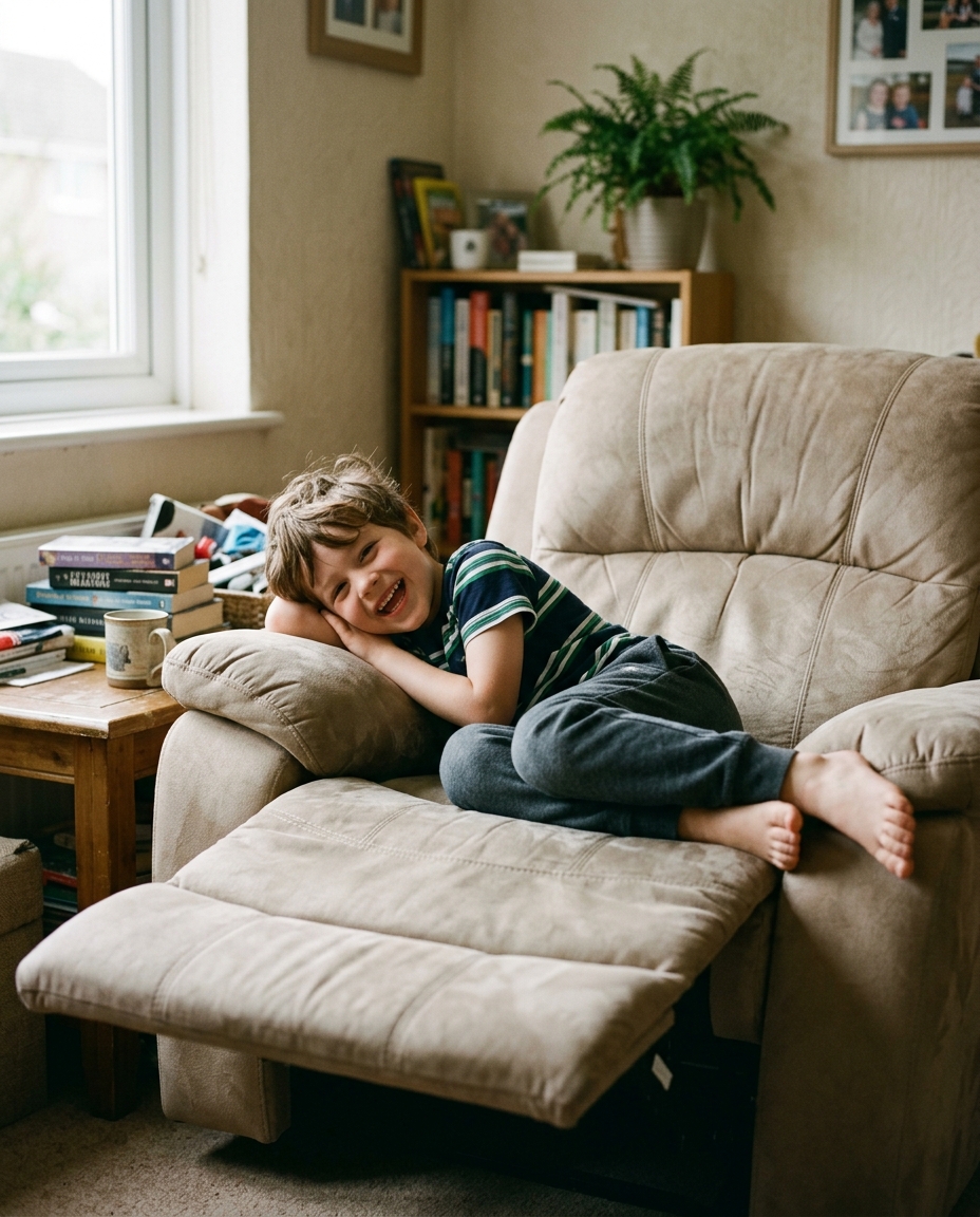 A kid sprawled in an oversized recliner with footrest up
