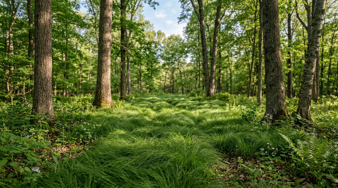 Pennsylvania sedge forming a soft flowing low green meadow under open woodland