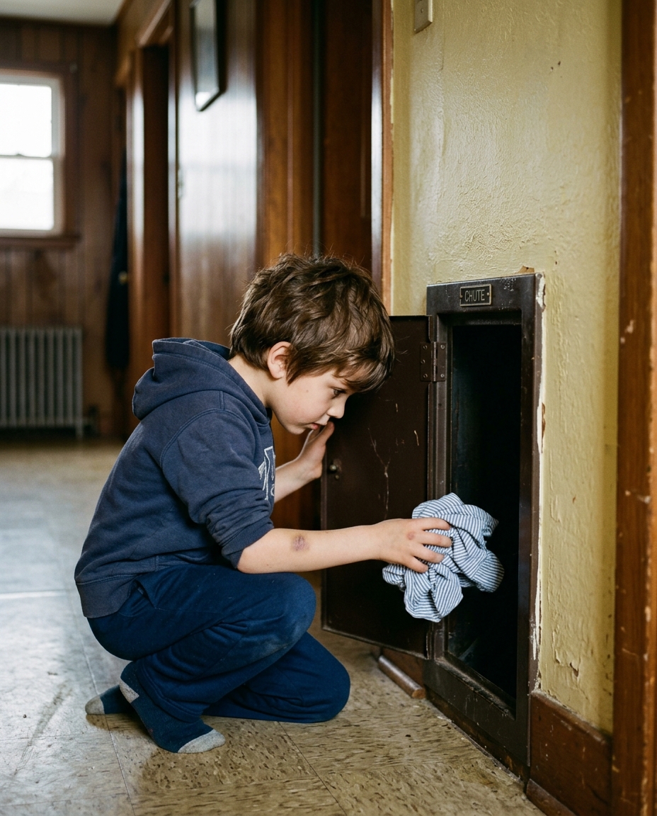 A kid dropping a shirt into a hallway laundry chute