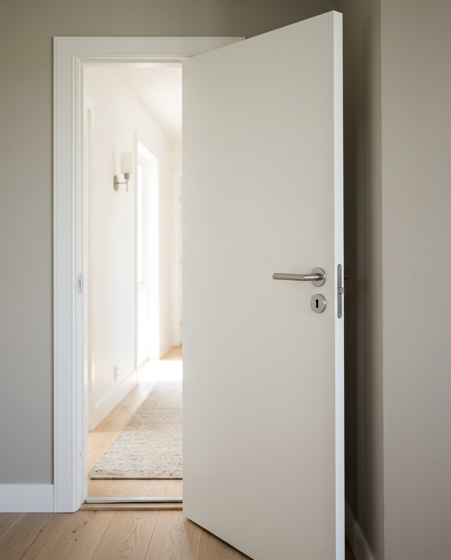 Smooth-closing white interior door with clean modern lever hardware