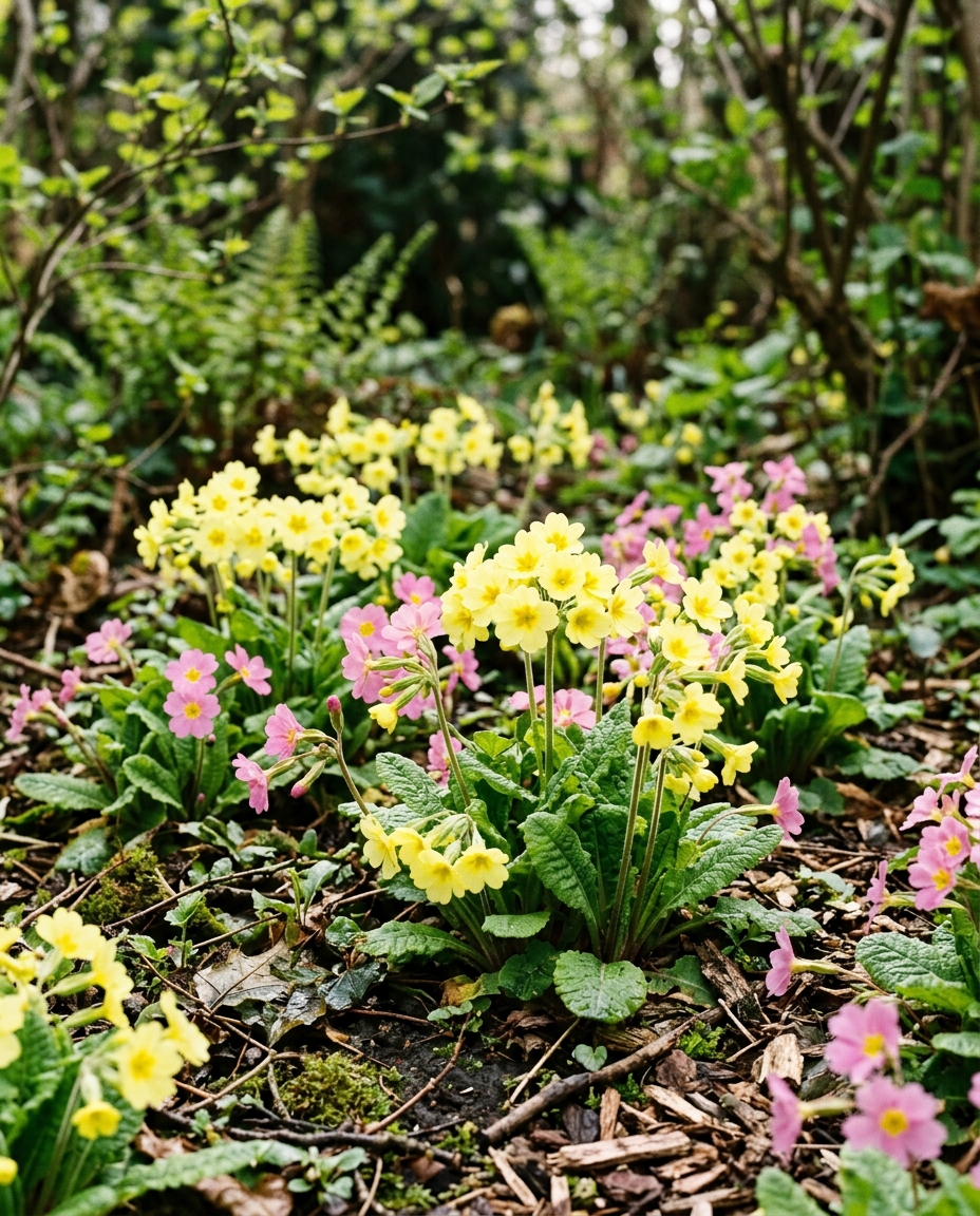 Clusters of brightly colored primrose flowers low to the ground in early spring shade
