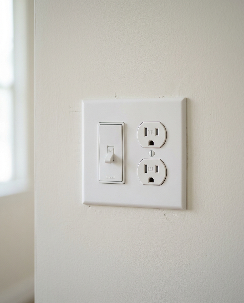 Clean modern light switch and outlet on a freshly painted wall, crisp white cover plate