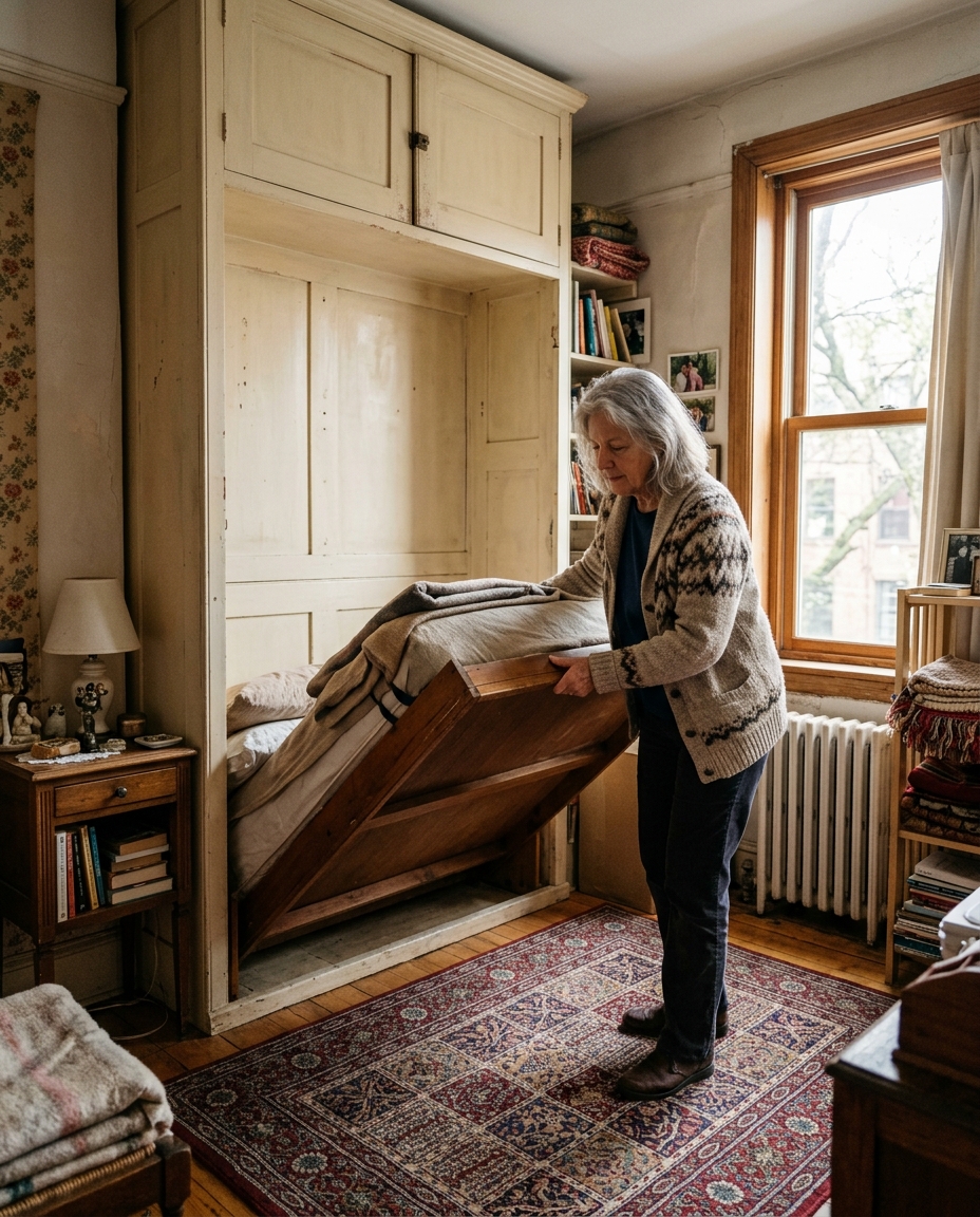 Older woman lowering a Murphy wall bed from a built-in cabinet