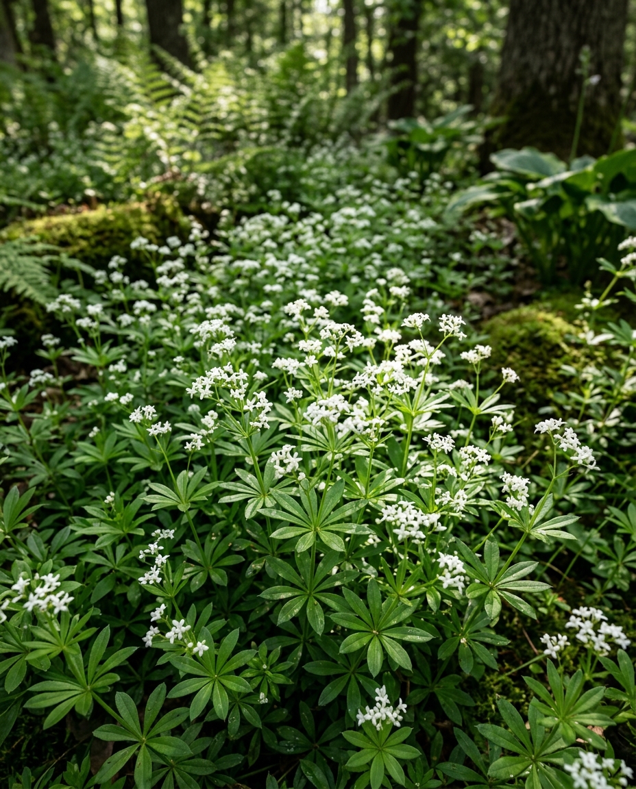 Sweet woodruff forming a low carpet of whorled leaves topped with tiny white star flowers in shade