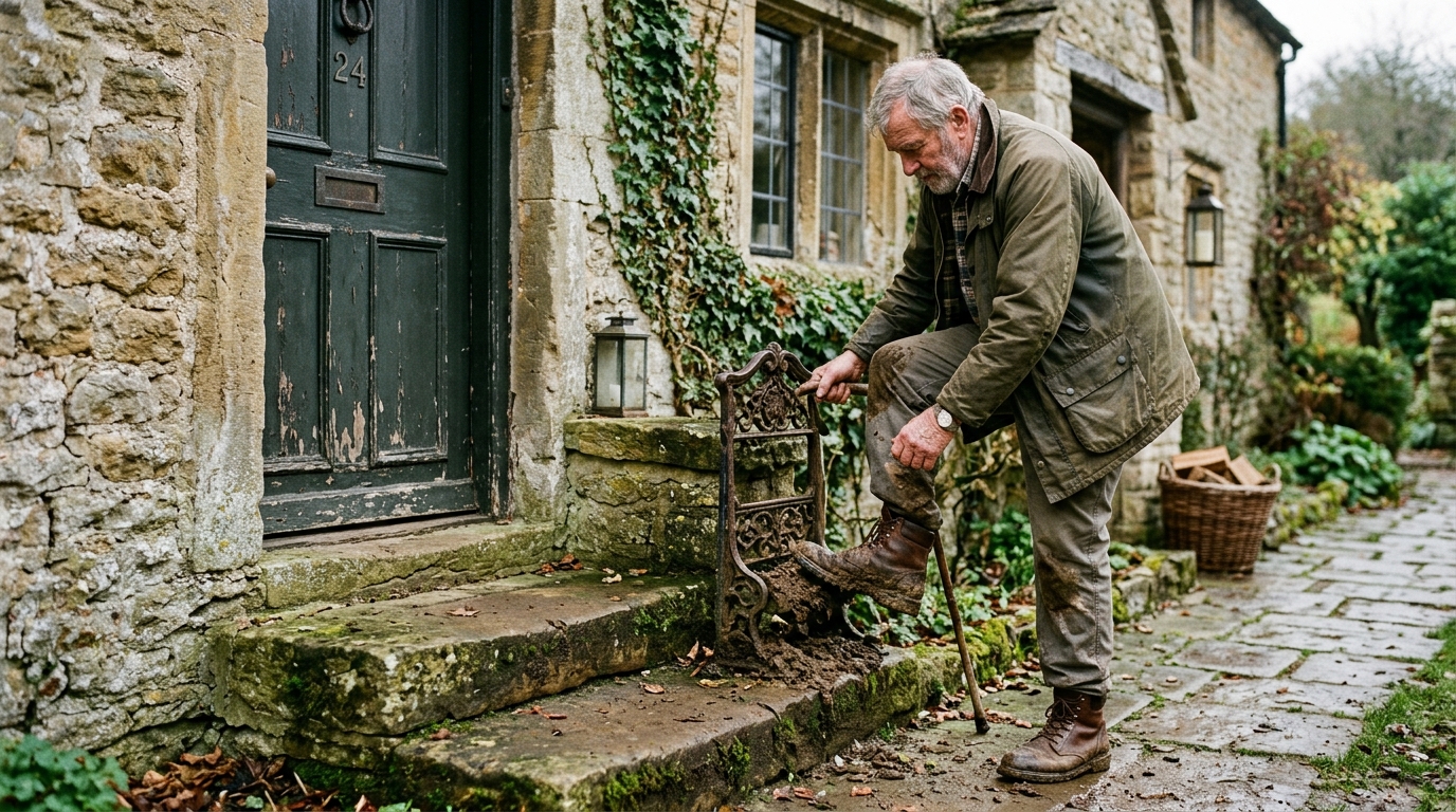 Older man scraping mud off his boot on a cast iron boot scraper