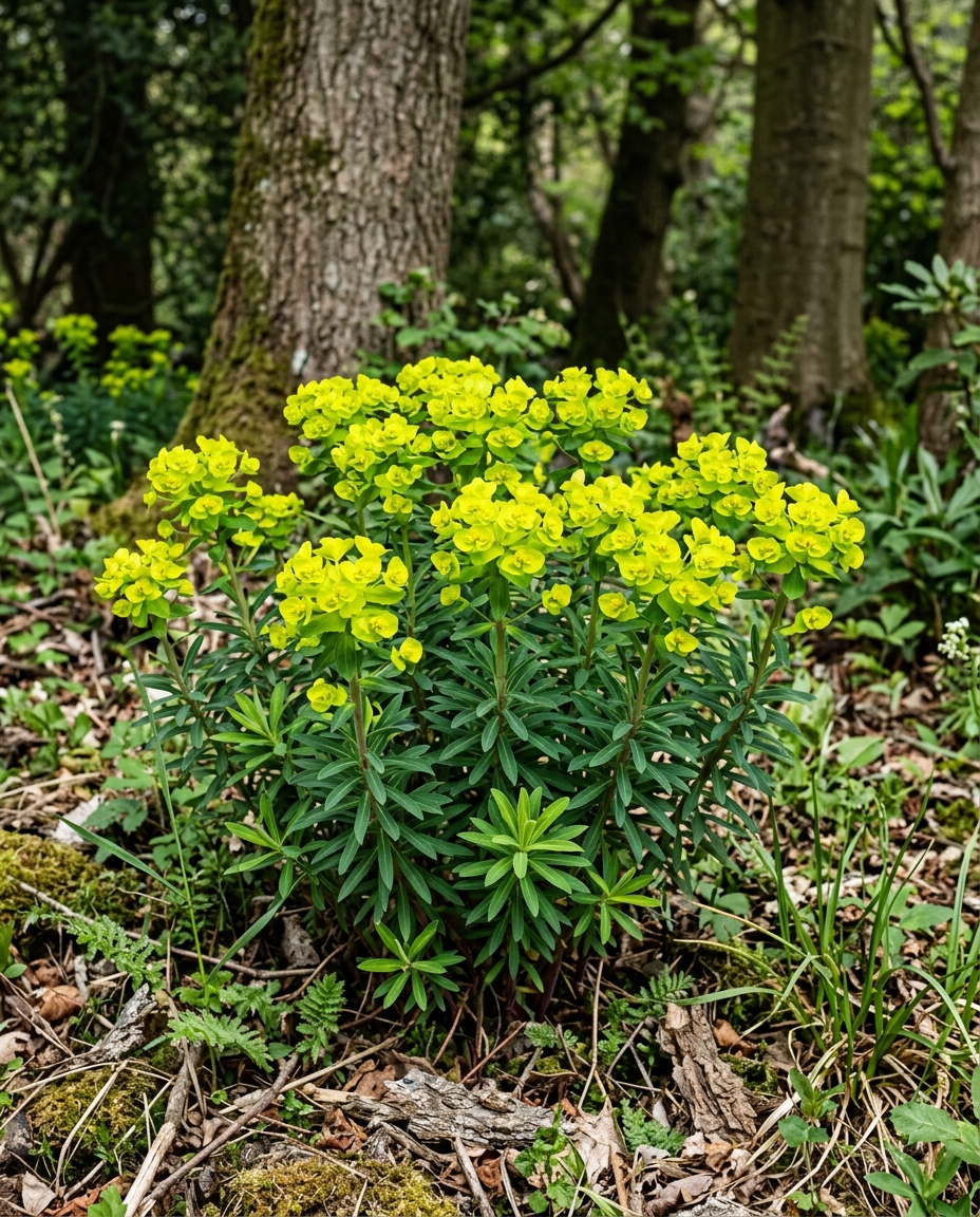Wood spurge with whorled leaves and acid-green spring bracts in dry shade under trees