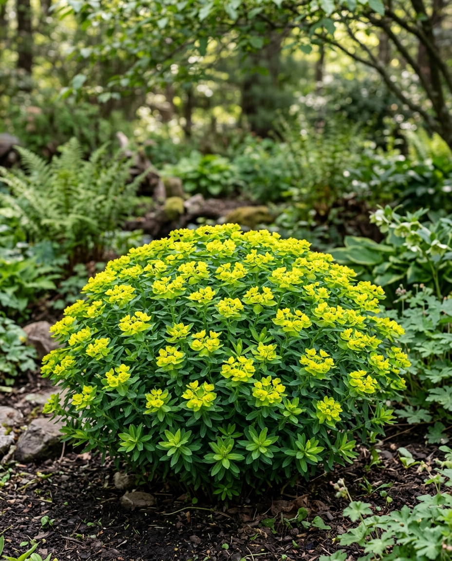Cushion spurge forming a tidy rounded mound of green foliage with yellow-green spring color in light shade