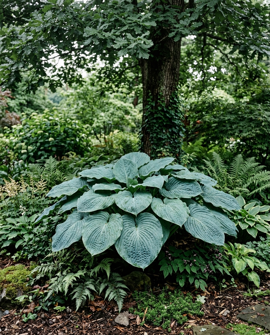 Enormous blue-green giant hosta with leaves over a foot wide anchoring a shaded corner