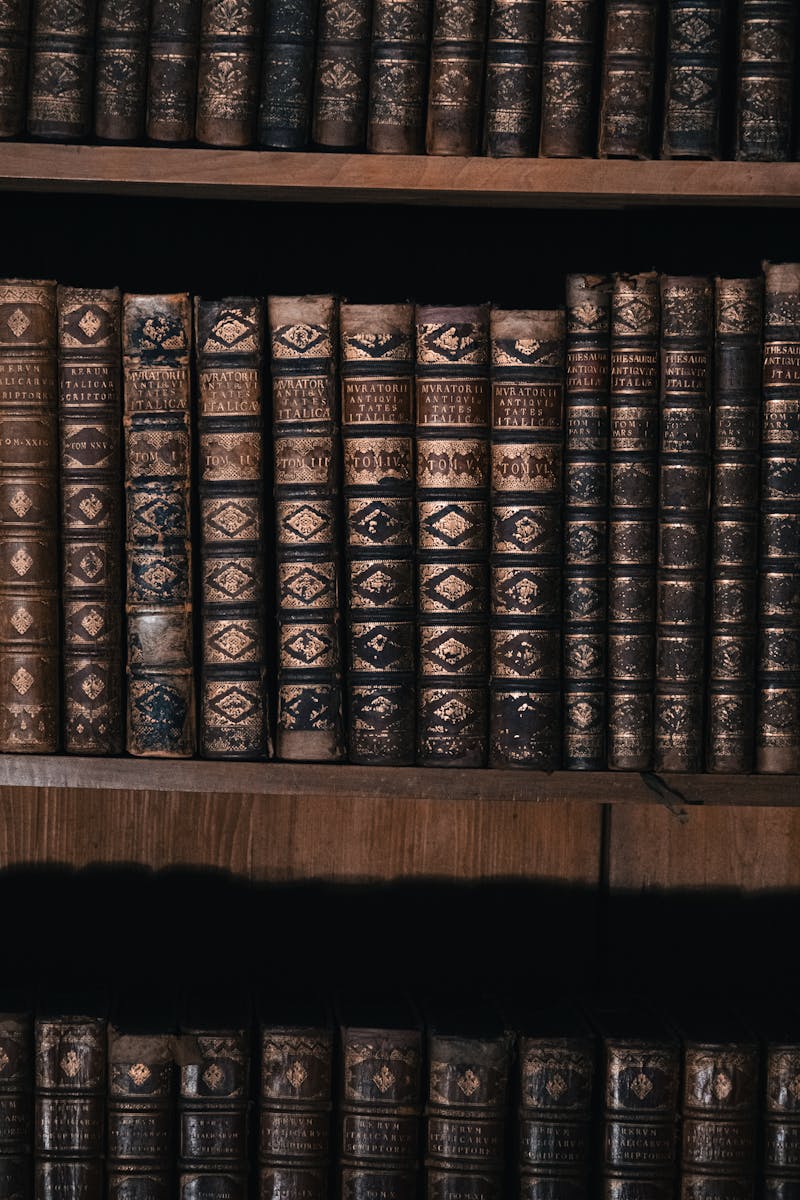Vintage leather-bound books with gold-stamped spines on wooden library shelves