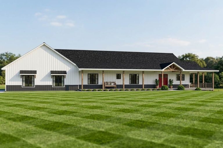 Spacious Barndominium Style House Plan with Three Bedrooms and Wraparound Porch (Floor Plan)