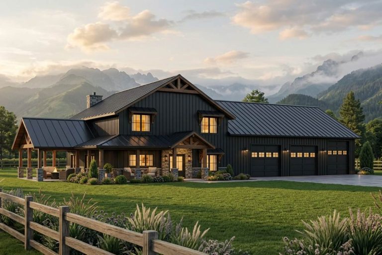 Barndominium with Wraparound Porch and 2-Story Living Room – 2765 Sq Ft (Floor Plan)