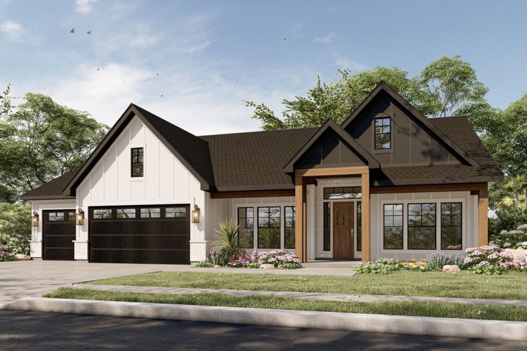 New American House Plan with 3 Bedrooms and 3-Car Garage (Floor Plan)