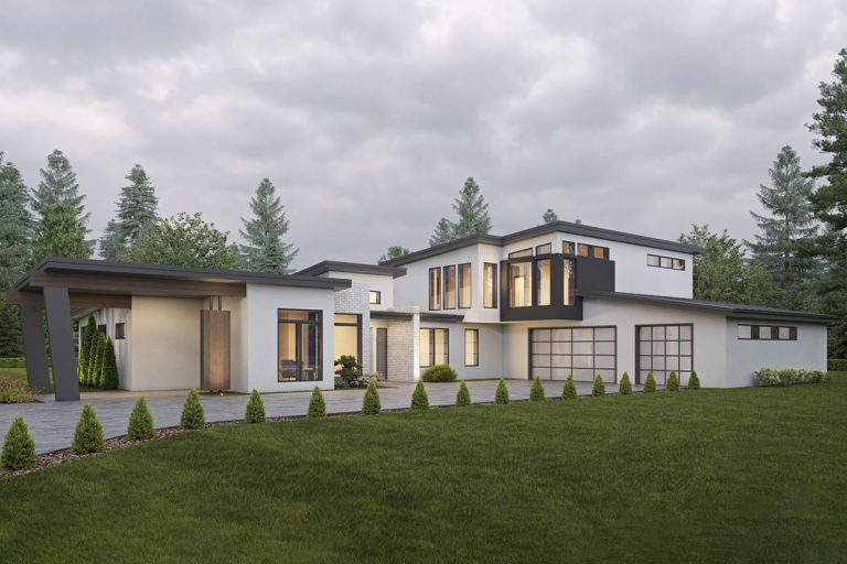Mid-Century Modern Home Plan with 2-Story Great Room and Workshop (Floor Plan)