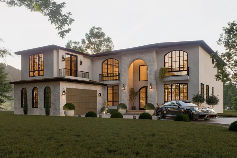 Contemporary Tuscan Two-Story House Plan with Dual Master Suites (Floor Plan)