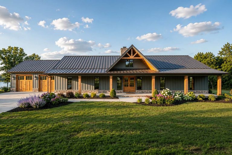 Spacious Five Bedroom Barndominium Farmhouse House Plan with Attached Two-Car Garage (Floor Plan)