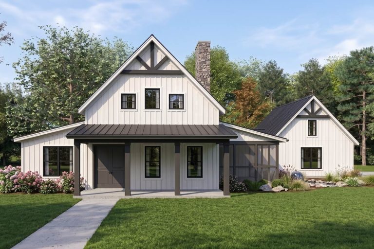 Barn-Style Modern Farmhouse Home Plan with Loft and Screened Side Porch (Floor Plan)