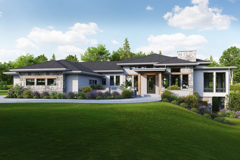 Contemporary Prairie House Plan with 3-Car Garage and Main-Level Master Suite (Floor Plan)