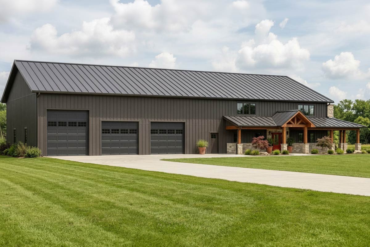 Barndominium House Plan with Integrated Workshop and Wrap-Around Porch ...